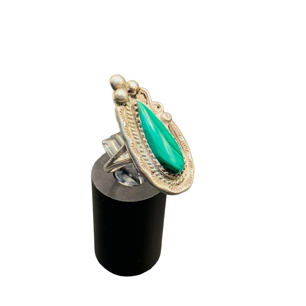 Navajo Malachite Ring Size 6 Sterling Silver Elongated Teardrop Stone Raindrops